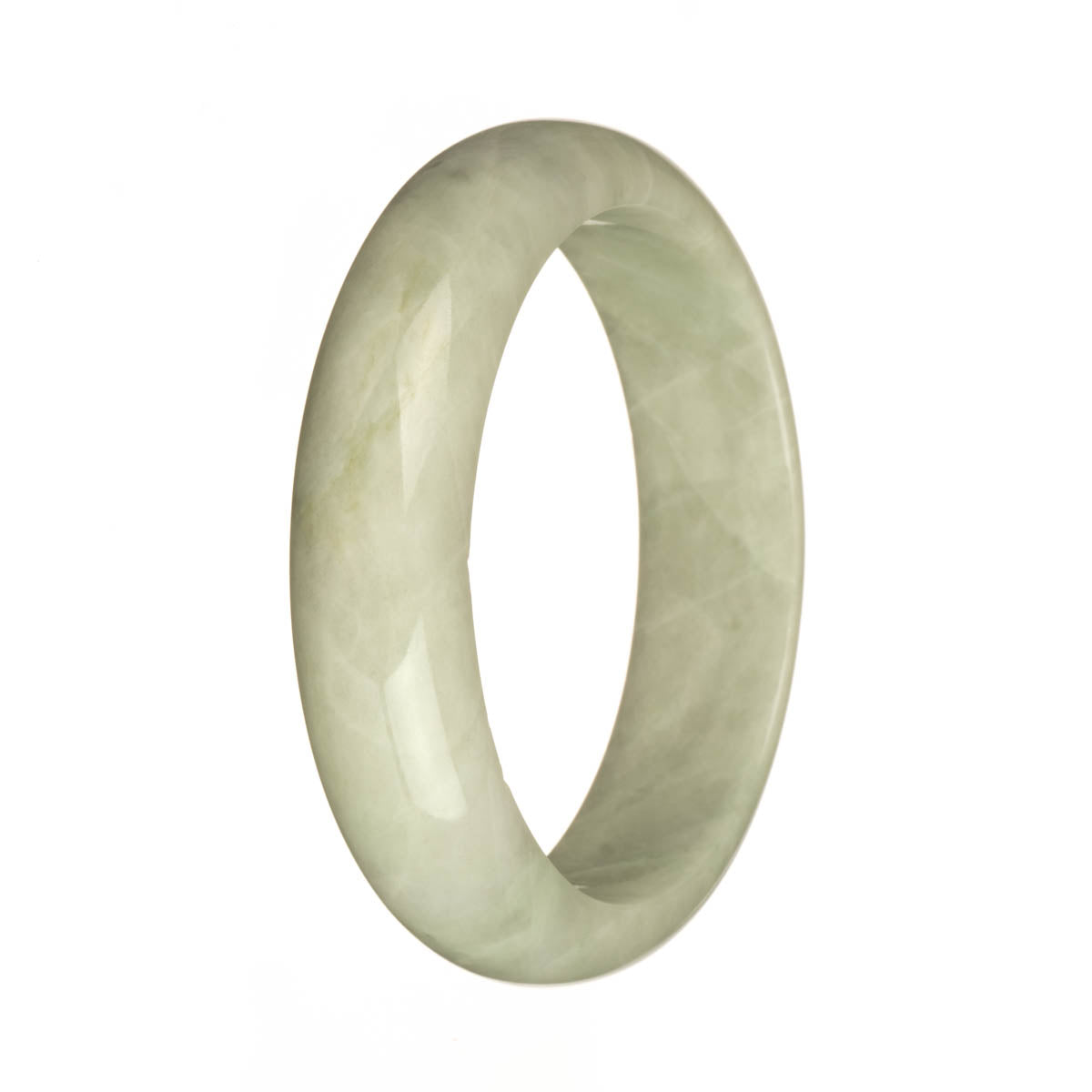 A close-up image of a light grey jade bangle, featuring a half moon shape. The bangle is made from genuine natural jadeite jade and measures 59mm in diameter. It is a product by MAYS™.