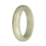 A close-up image of a light grey jade bangle, featuring a half moon shape. The bangle is made from genuine natural jadeite jade and measures 59mm in diameter. It is a product by MAYS™.