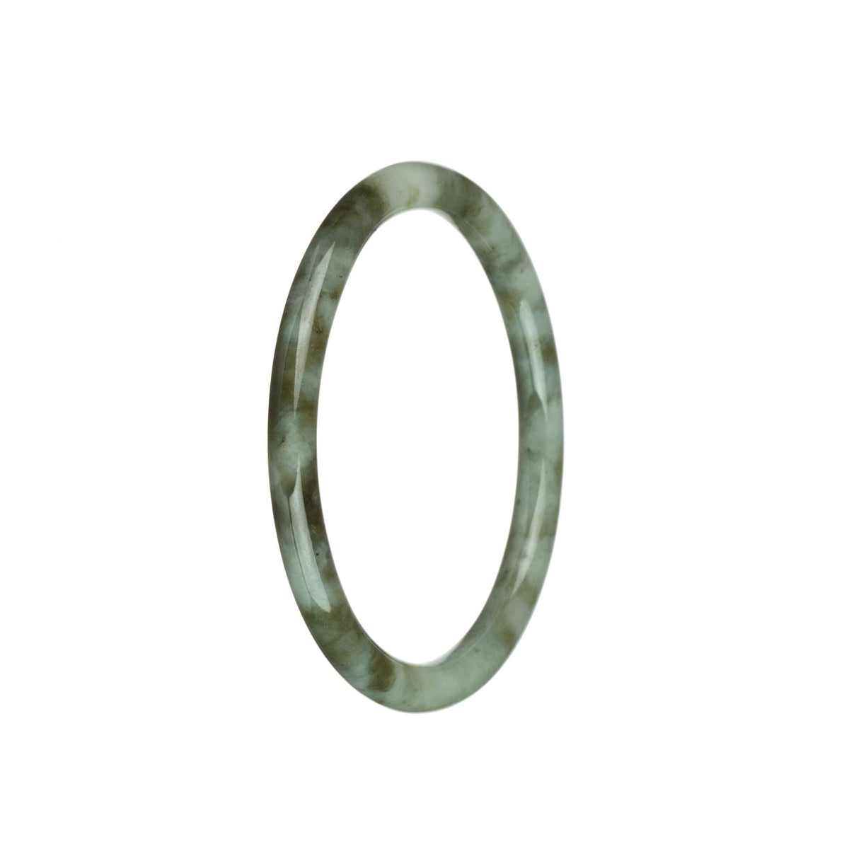 A petite round traditional jade bangle with untreated white color and olive green patterns, certified by MAYS GEMS.