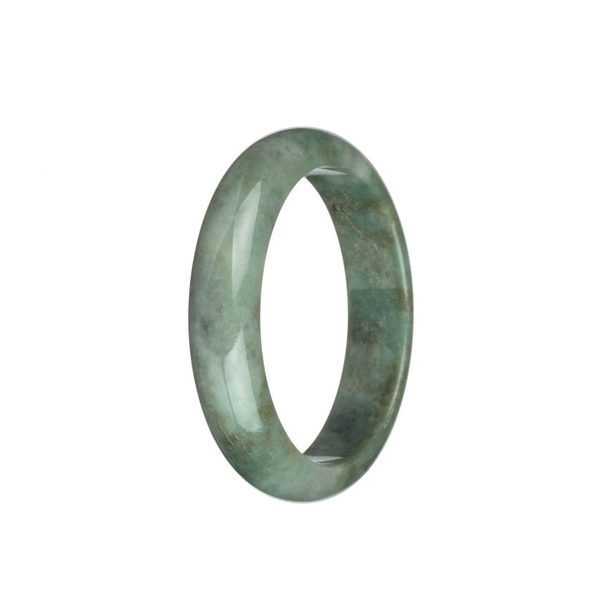 A close-up photo of an intricately patterned green, grey, and brown Burmese Jade bangle bracelet. The bracelet has a half-moon shape and measures 57mm in diameter.