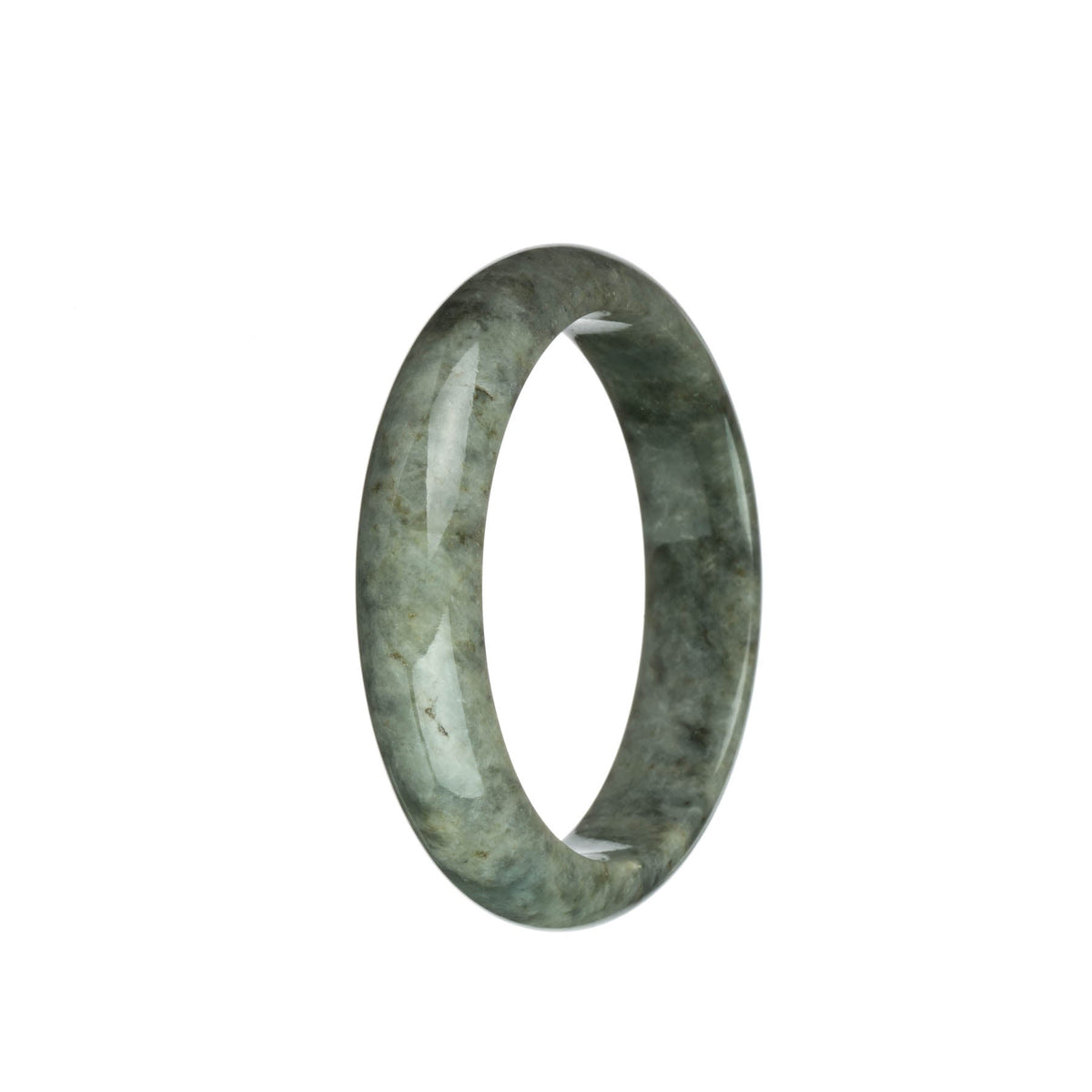 Close-up image of a stunning Burmese Jade bracelet with a half-moon shape. The bracelet features a beautiful combination of grey and brown spots, exuding a sense of elegance and natural beauty. It is certified Grade A, ensuring high quality and authenticity. The bracelet measures 57mm in size and is a perfect accessory to enhance any outfit. Designed by MAYS™.