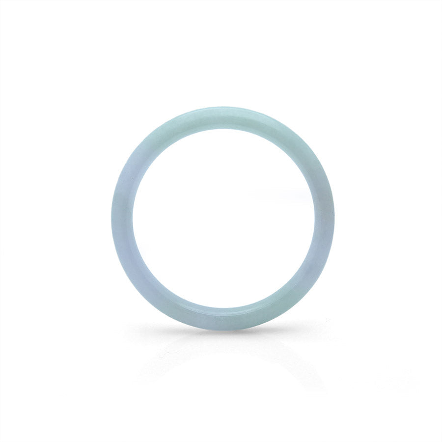 A close-up photo of a beautiful green lavender jade bracelet with a semi-round shape, measuring 57mm. The bracelet is made of genuine Grade A jade and is sold by MAYS GEMS.