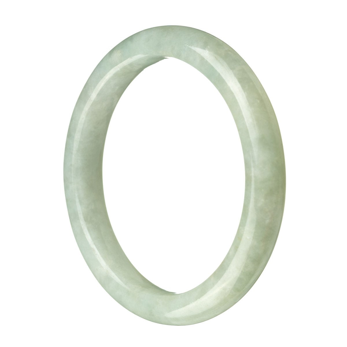 A light green traditional jade bangle bracelet, made from genuine Grade A jade. The bracelet is semi-round in shape and measures 63mm in diameter. Sold by MAYS GEMS.