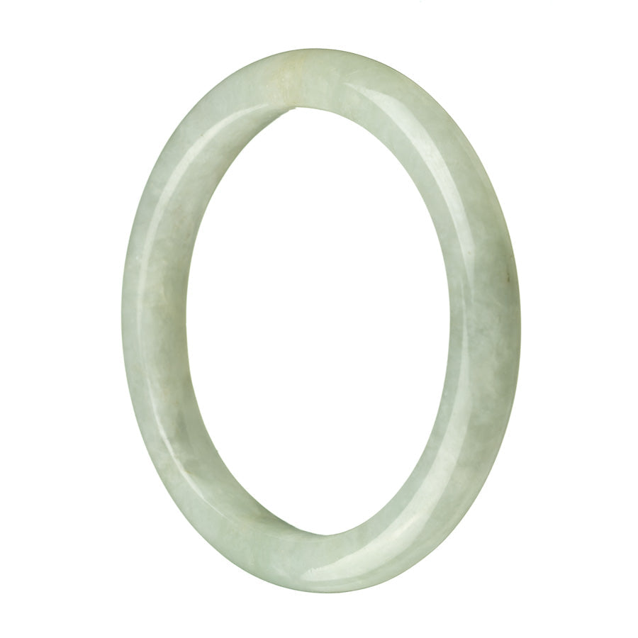 A close-up image of a stunning green jade bangle bracelet, made from certified Type A Burmese jade. The bracelet has a semi-round shape, with a diameter of 63mm. It is a luxurious piece of jewelry designed by MAYS™.