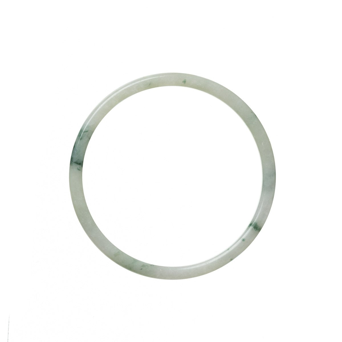 A close-up shot of a thin, light green Burma Jade bangle bracelet, measuring 53mm in diameter. The bracelet is beautifully crafted and certified as Grade A quality.