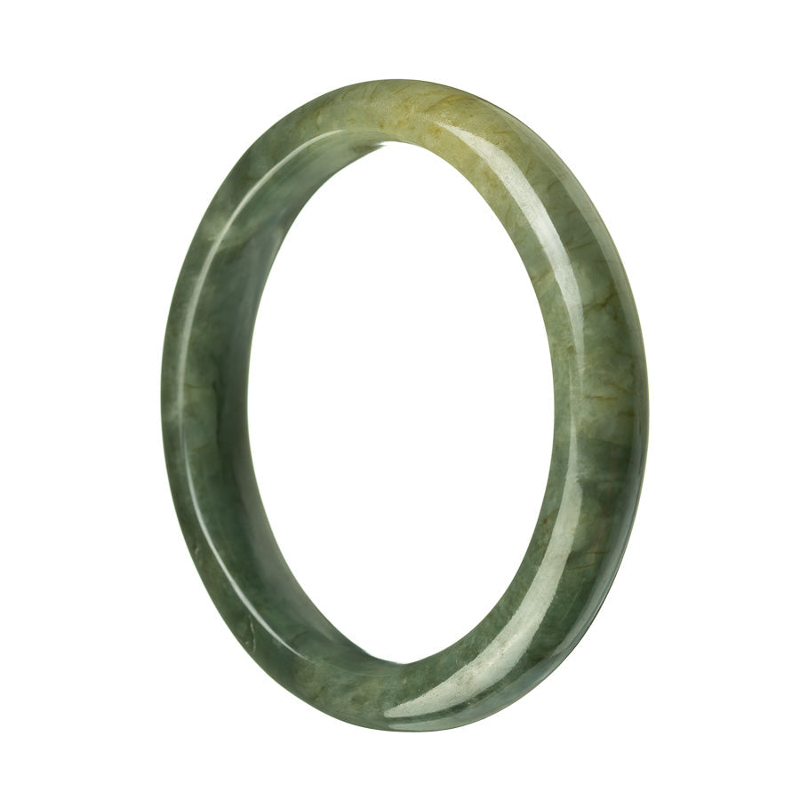 A half moon-shaped genuine Type A green brownish green jadeite bangle, measuring 60mm in diameter.