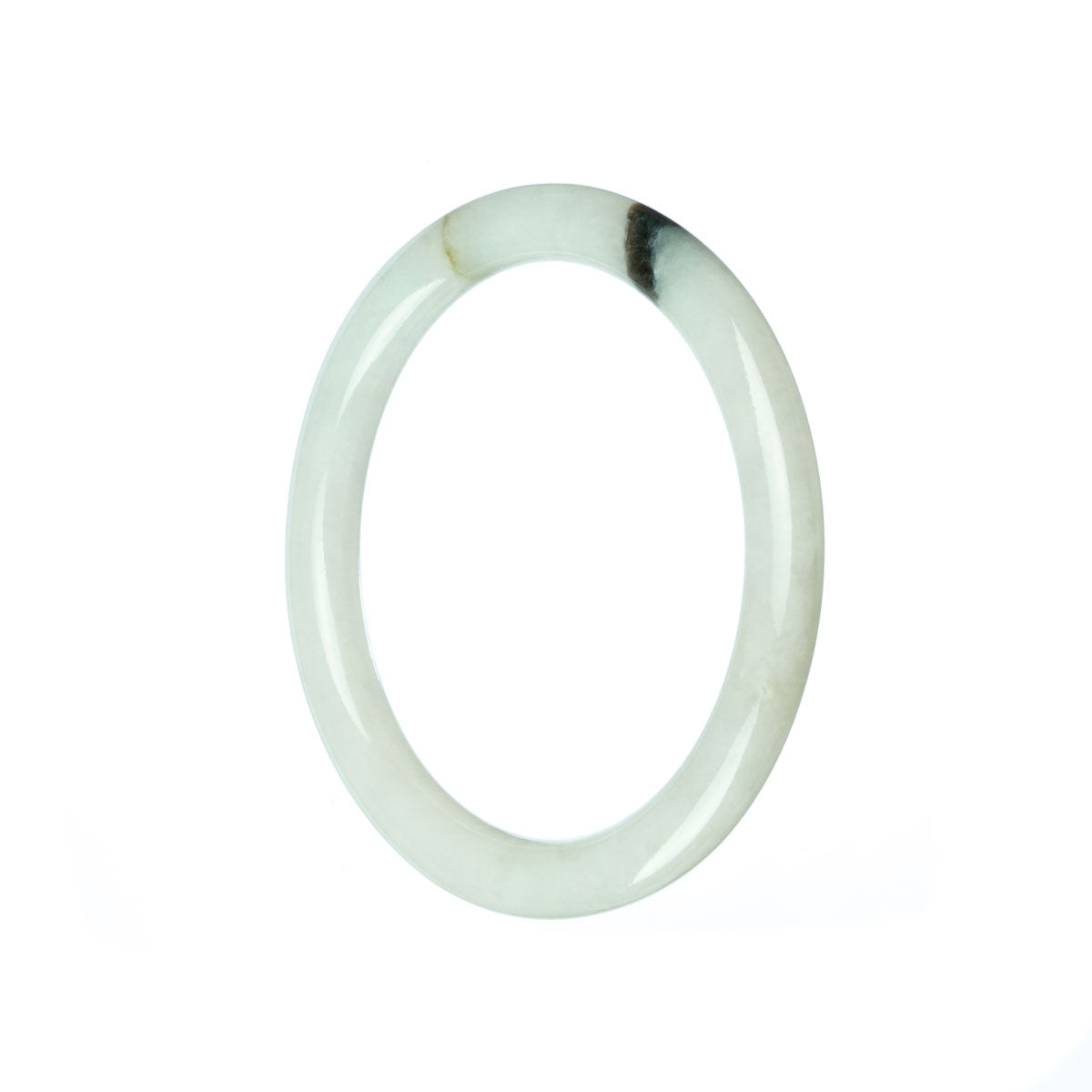 A close-up photograph of a petite round white jade bangle bracelet. The bangle is made of high-quality white jadeite jade, with a smooth and glossy surface. Its small size, measuring 53mm in diameter, makes it a delicate and dainty piece of jewelry. The bracelet is from the MAYS collection, known for its authentic and genuine jade products.