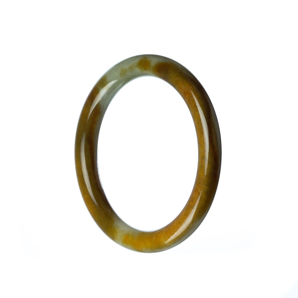 A close-up view of a petite jade bracelet made from certified Type A green brown Burma jade. The bracelet is 51mm in size and features a smooth, polished surface. The jade stone exhibits a mix of green and brown hues, creating an earthy and natural aesthetic. The bracelet is from the brand MAYS.