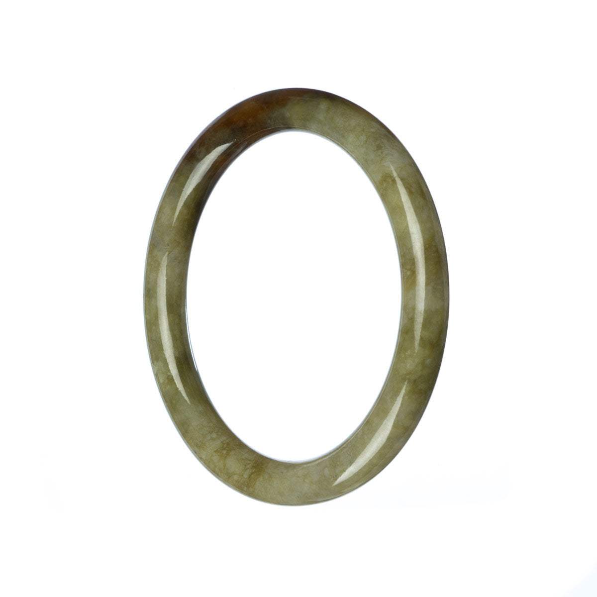 A close-up photograph of a small, round jadeite jade bangle bracelet in shades of green and brown. The bracelet is smooth and glossy, showcasing the natural patterns and variations of the jade stone. It has a petite size, measuring 55mm in diameter.