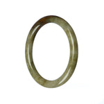 A close-up photograph of a small, round jadeite jade bangle bracelet in shades of green and brown. The bracelet is smooth and glossy, showcasing the natural patterns and variations of the jade stone. It has a petite size, measuring 55mm in diameter.