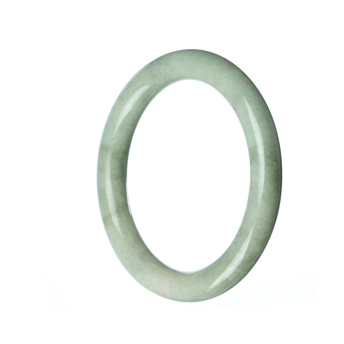 A round green Burmese jade bangle bracelet with a 55mm diameter, certified as untreated and sourced from MAYS GEMS.