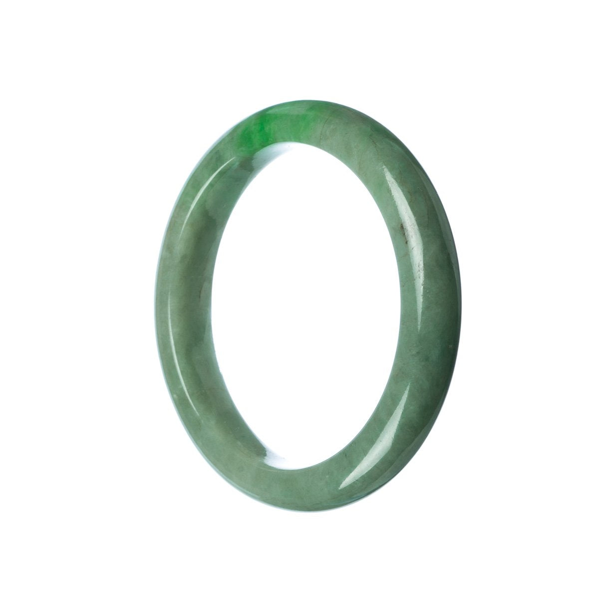 A stunning green jadeite bangle bracelet, featuring a genuine Type A jadeite stone in a semi-round shape, measuring 58mm in diameter. A beautiful accessory from MAYS GEMS.