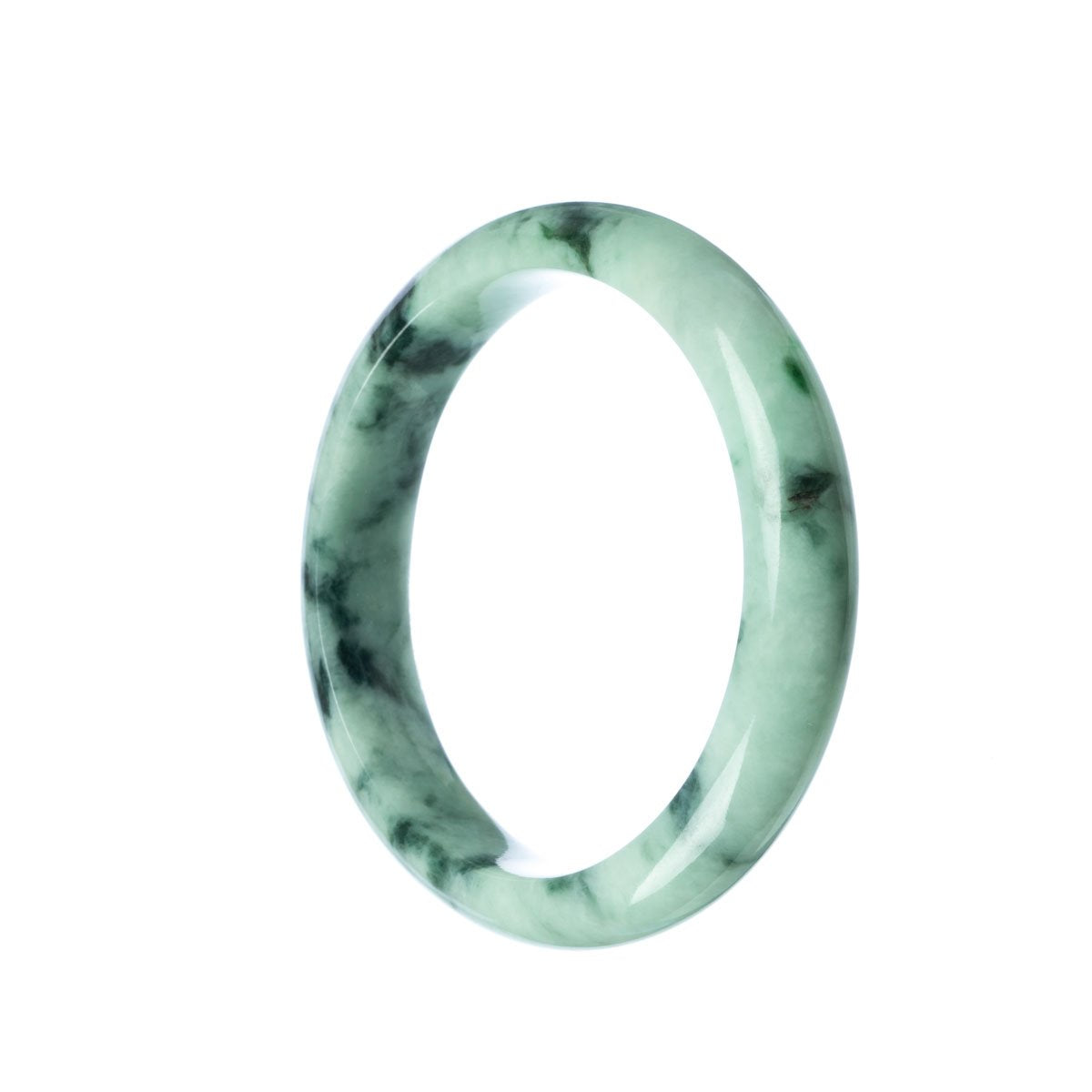A close-up of a pale green jade bangle bracelet with a semi-round shape, measuring 58mm in diameter. It has an authentic Grade A quality and is sold by MAYS™.
