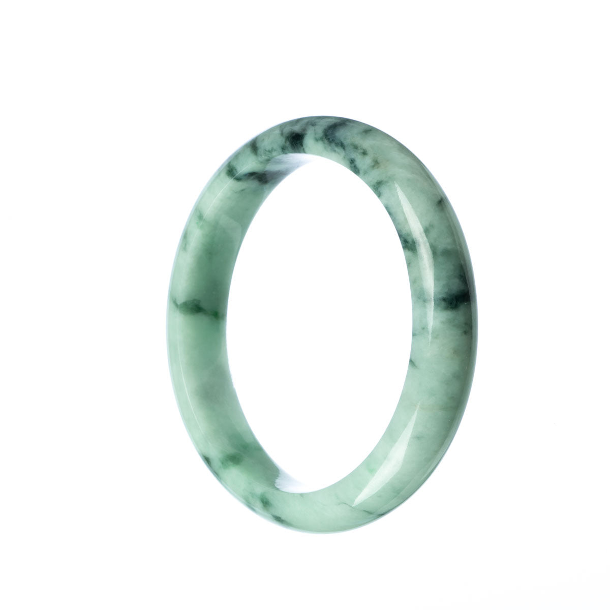 A pale green jadeite bracelet with a semi-round shape, measuring 58mm. This authentic piece is untreated, showcasing the natural beauty of the jadeite. A stunning addition to any jewelry collection.
