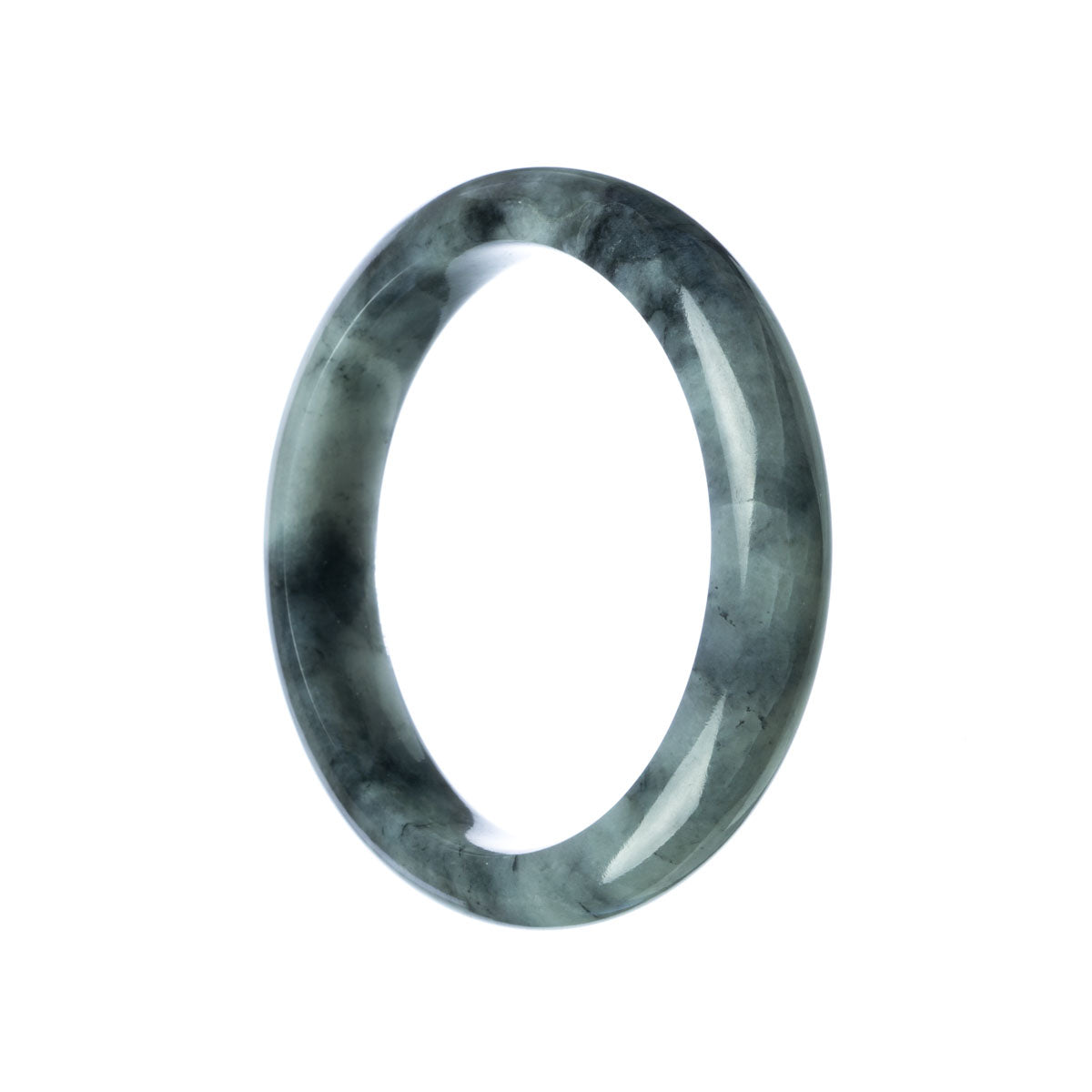 A grey traditional jade bangle with a semi-round shape, measuring 58mm, certified as Grade A quality. The bangle features the brand name MAYS™.