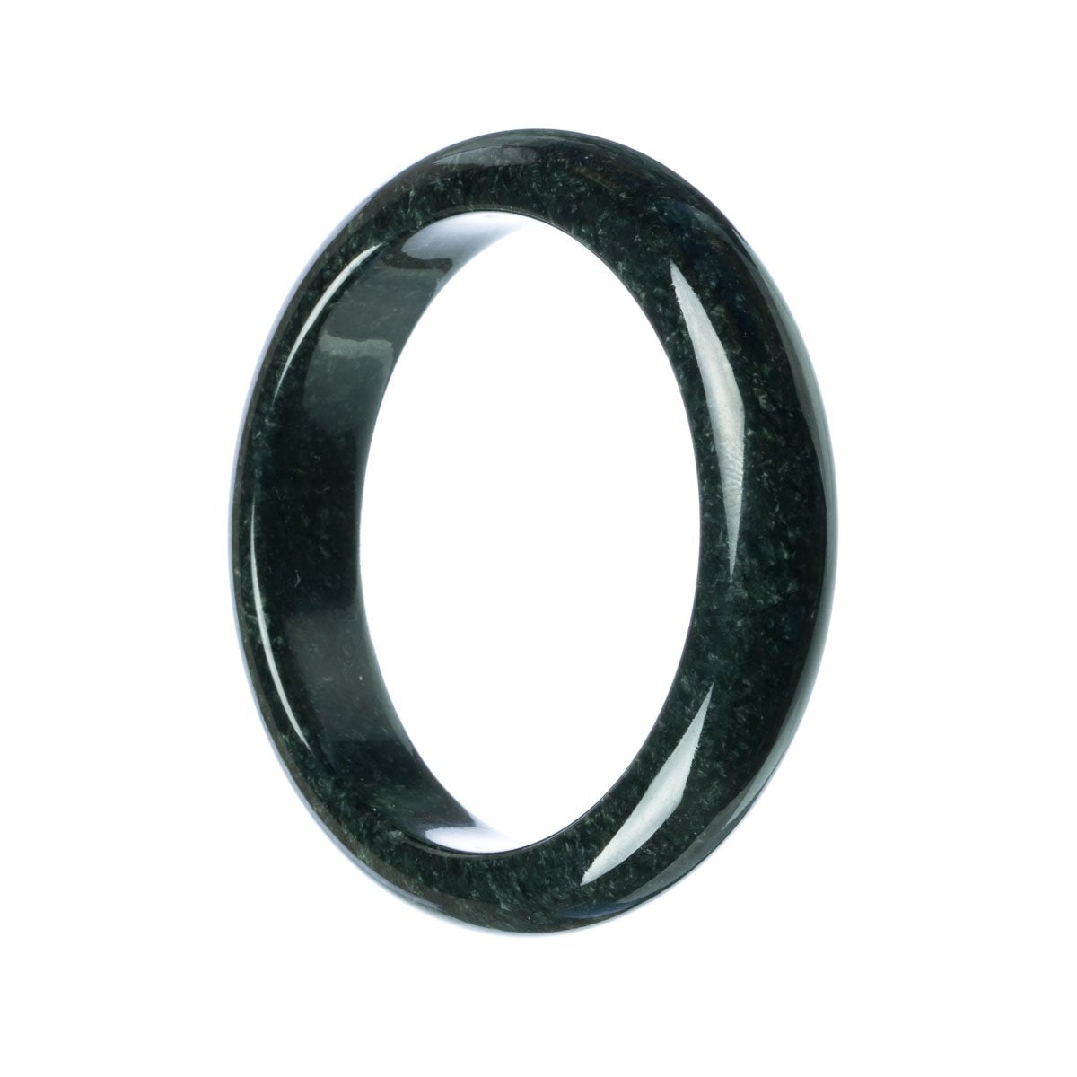 A half moon shaped bangle bracelet made of genuine untreated black Burmese jade, measuring 63mm in diameter. Perfect for adding a touch of elegance to any outfit.