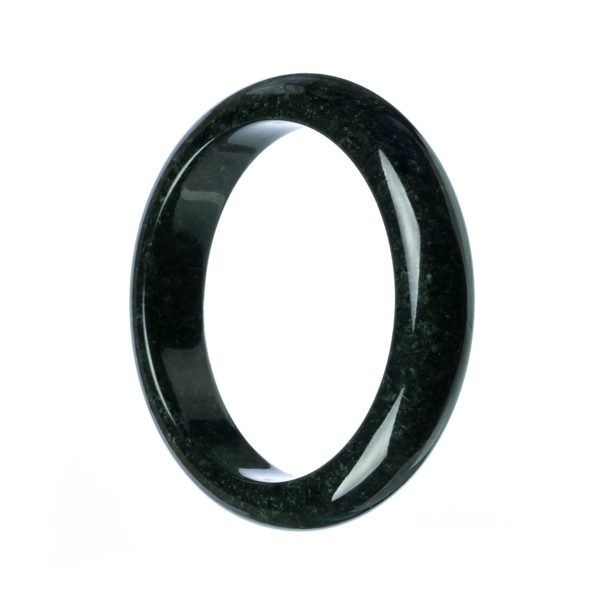 A stunning black Burma Jade bangle bracelet with a smooth half-moon shape, made from genuine Grade A jade.