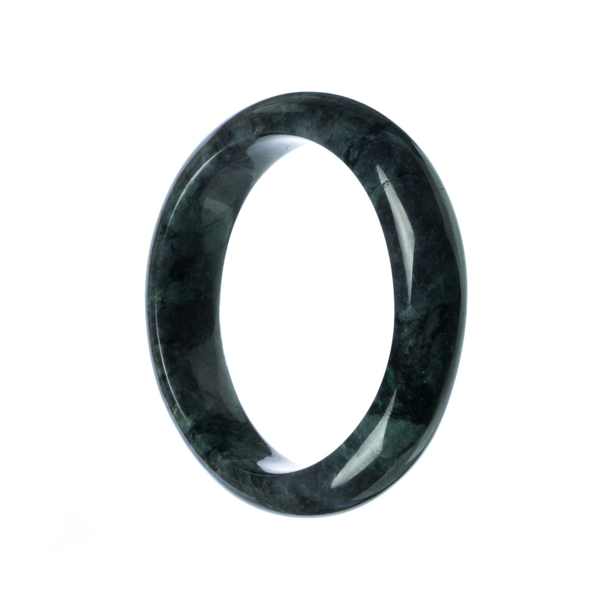 A close-up image of a half moon-shaped dark grey jadeite jade bangle, showcasing its natural texture and color.