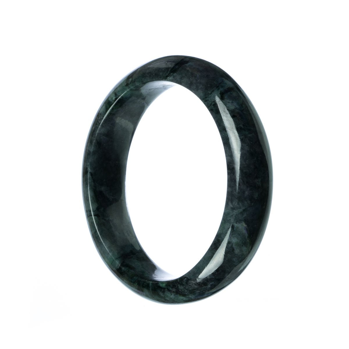 A high-quality dark grey jadeite jade bangle with a half-moon shape, measuring 59mm in diameter.