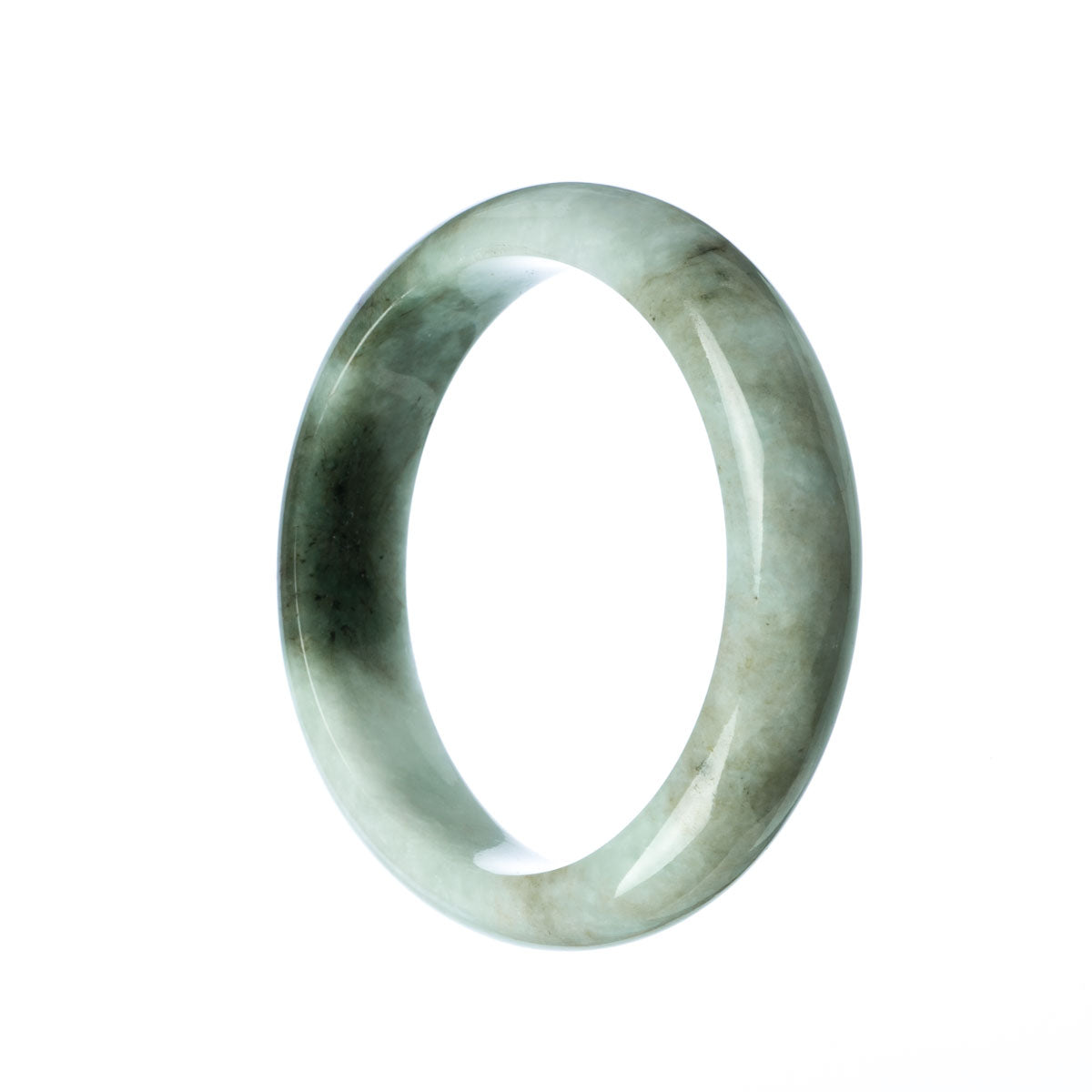 A close-up shot of a certified Type A white green traditional jade bangle with a 59mm half moon shape. The jade bangle is showcased against a black background, highlighting its intricate patterns and smooth texture. It is a beautiful piece of jewelry from MAYS GEMS.