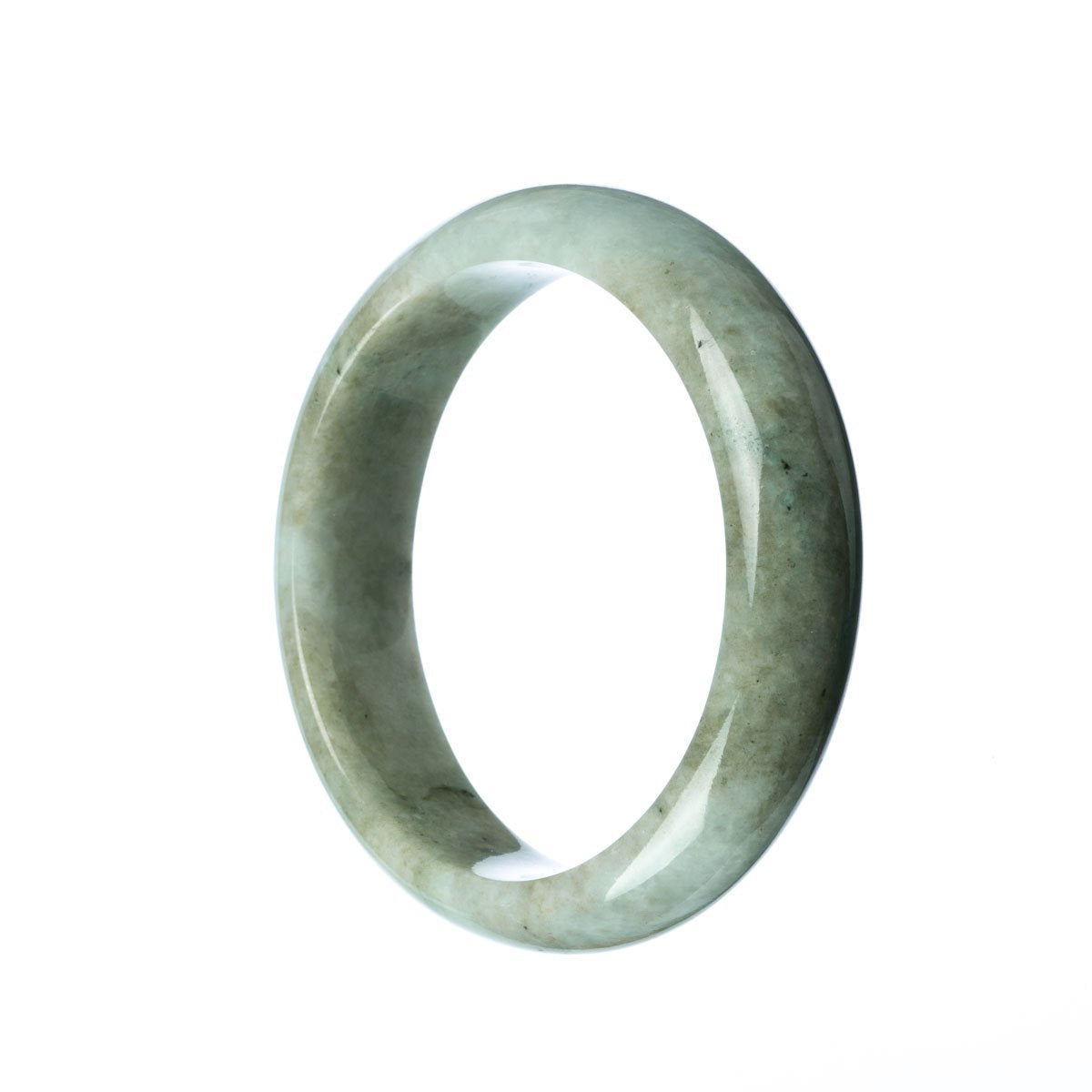A pale green jadeite jade bangle bracelet with a half moon shape, measuring 59mm. Certified and untreated.
