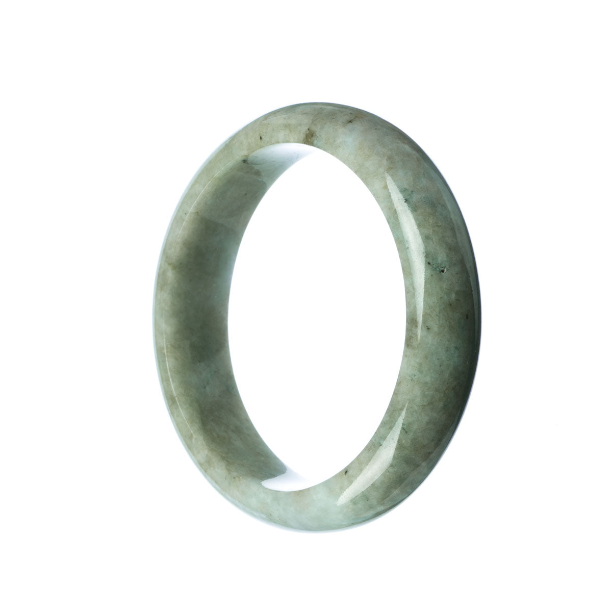 An exquisite pale green Burmese jade bangle bracelet, certified as Grade A quality. The bracelet features a 59mm half moon shape, showcasing the beauty of the jade. A stunning piece from MAYS GEMS.