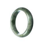 A close-up image of a beautiful green jade bracelet, featuring a half-moon design. The bracelet is made from genuine Grade A traditional jade and has a diameter of 59mm. Sold by MAYS GEMS.