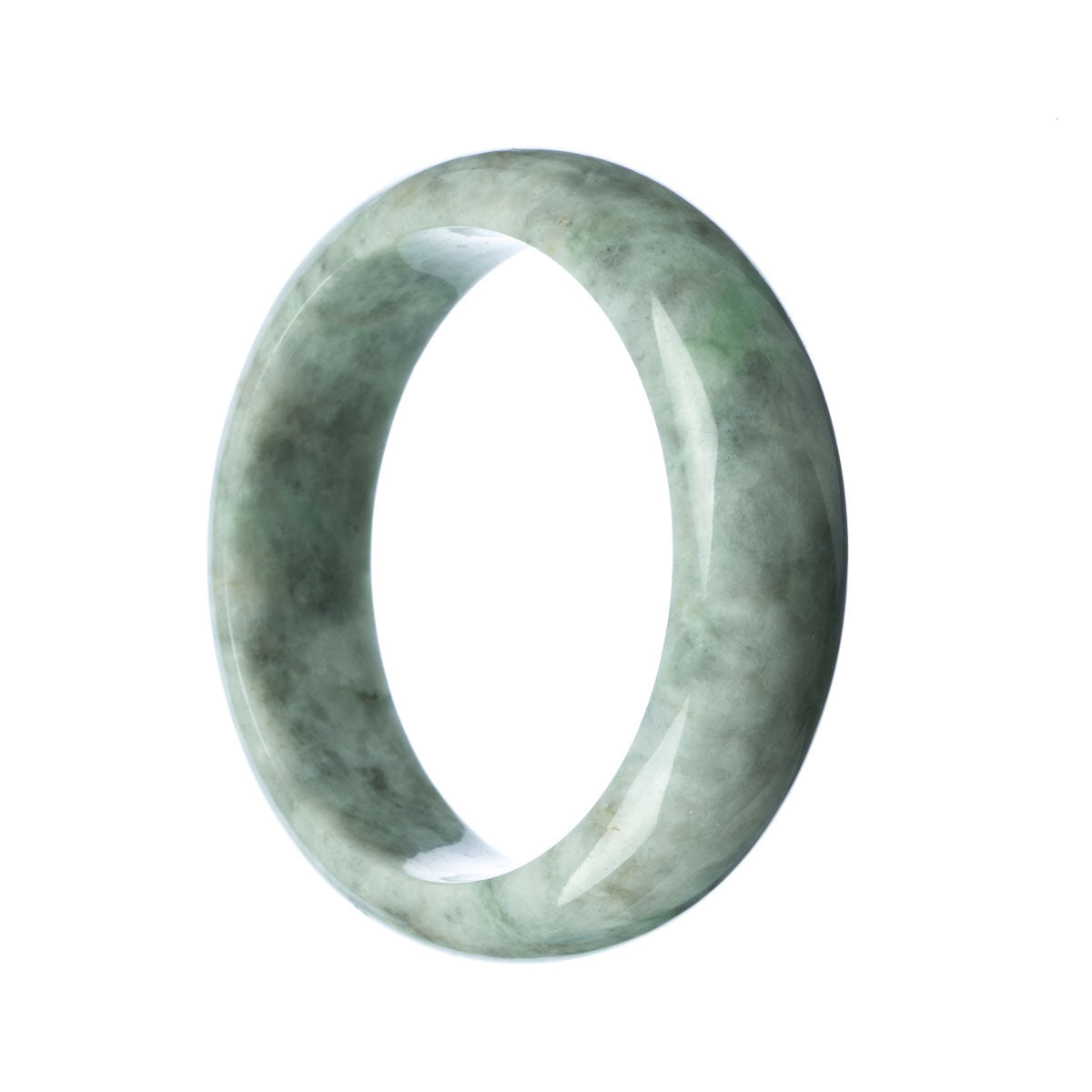 A grey jade bangle bracelet with a half moon shape, MAYS brand, made from genuine Grade A traditional jade.