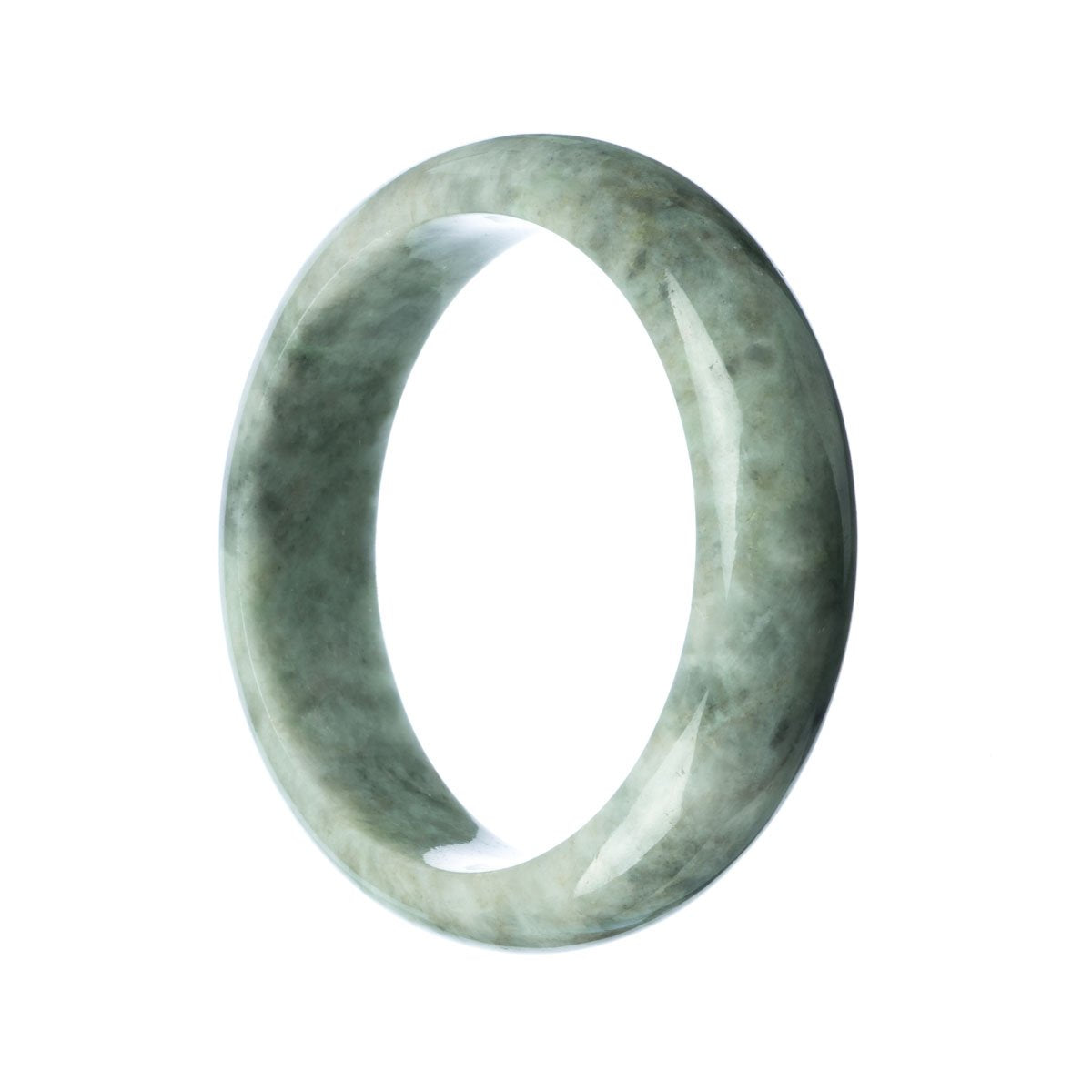 A close-up photo of a grey jade bracelet with a half-moon shape, showcasing its authentic, untreated beauty.