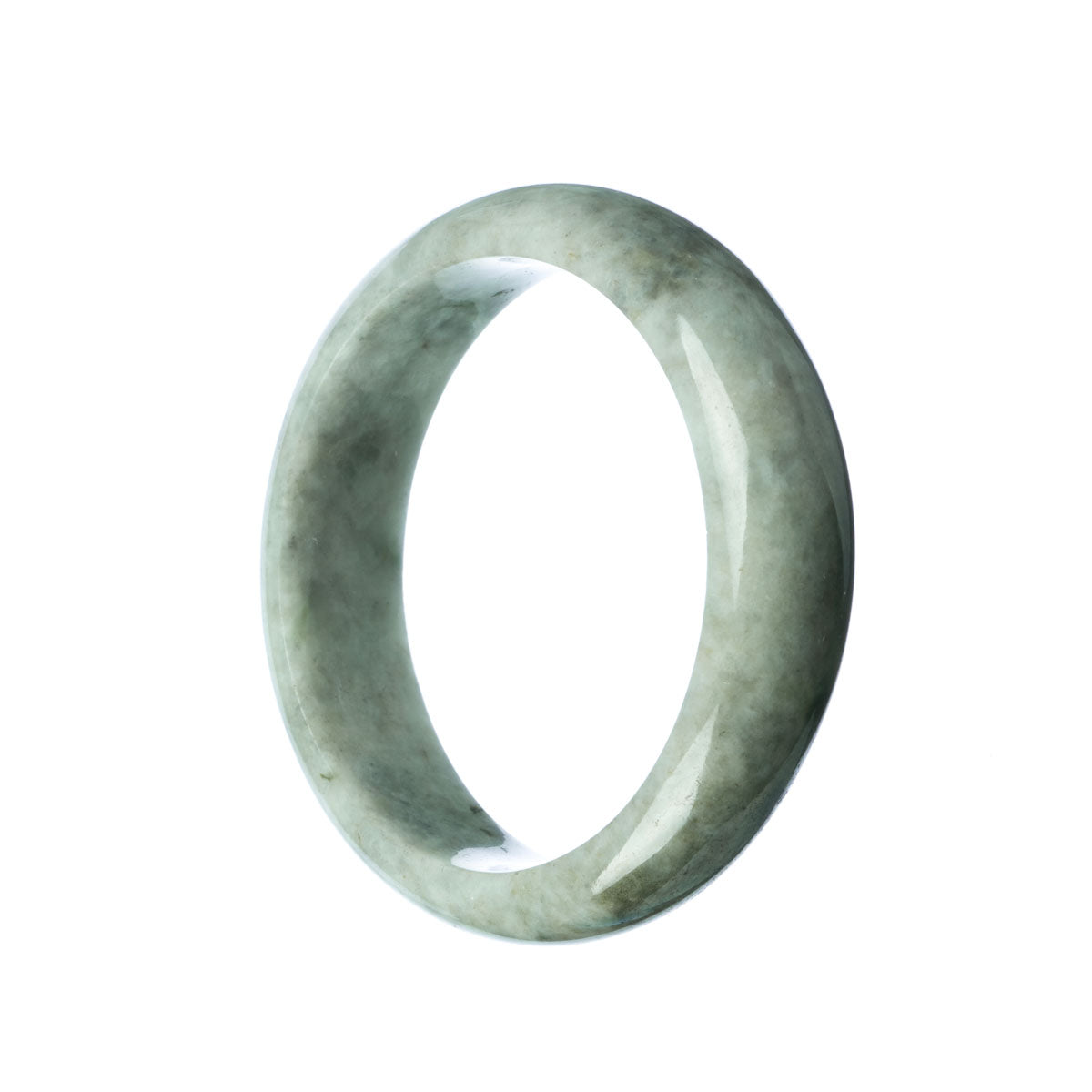 A close-up image of a grey traditional jade bangle bracelet with a half-moon shape, measuring 59mm in diameter. The bracelet is made of certified Grade A jade and is sold by MAYS.