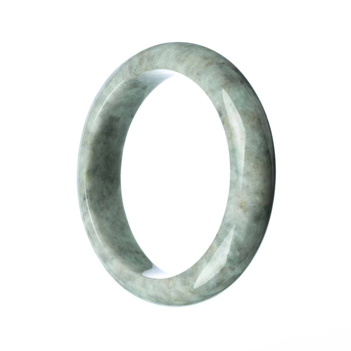 A close-up image of a half-moon shaped grey jadeite jade bracelet, measuring 62mm in diameter. This bracelet is certified as untreated, showcasing the natural beauty and unique patterns of the jade stone. Made by MAYS.