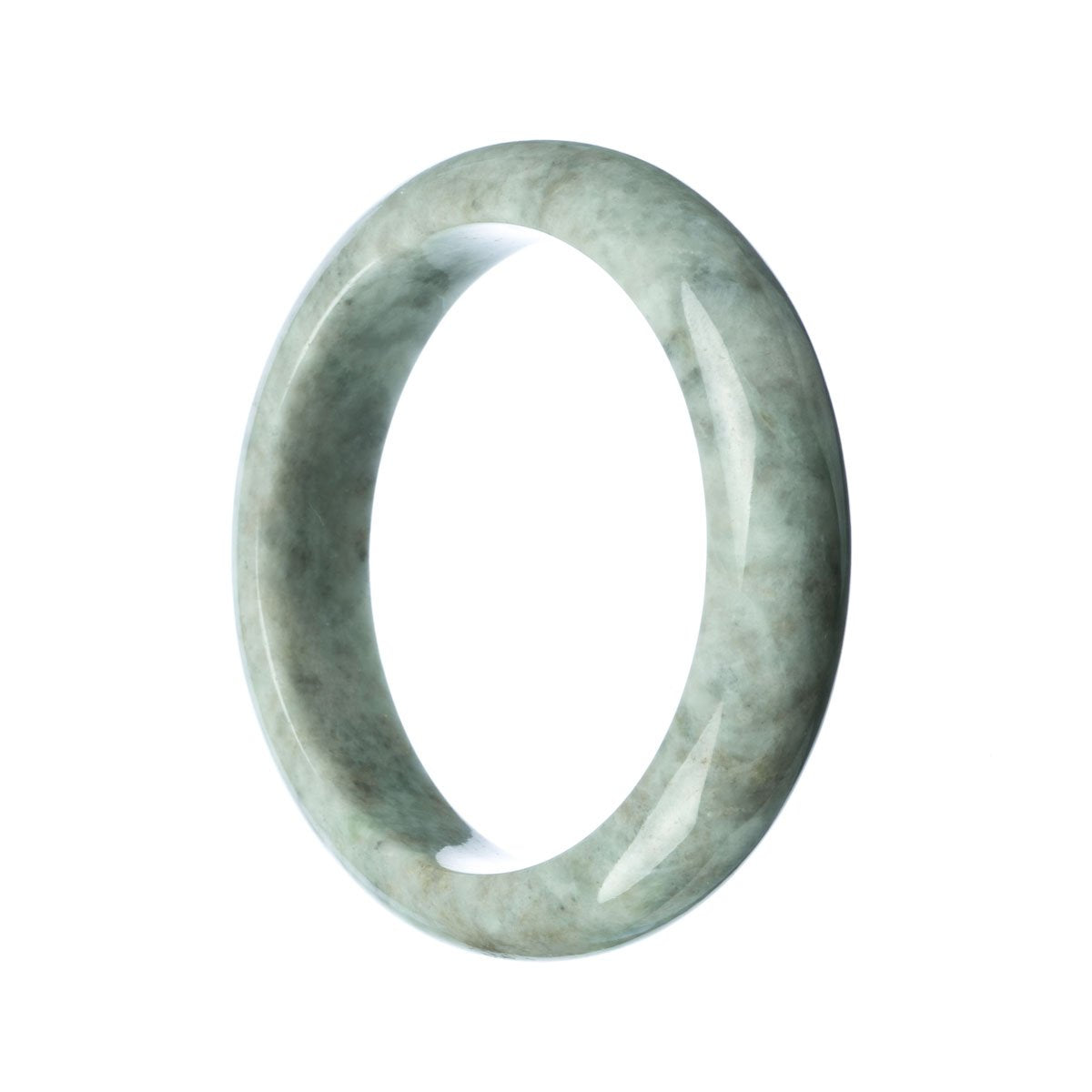 A close-up view of a grey jade bangle, showcasing its smooth, polished surface and half-moon shape.