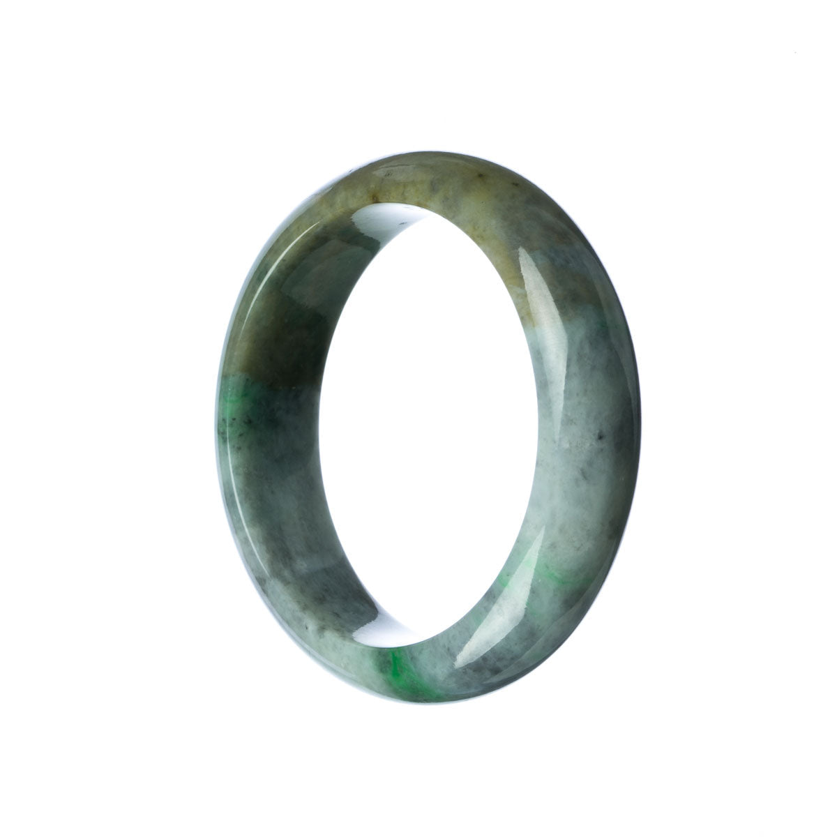 A close-up image of a genuine untreated grey green jadeite bracelet. The bracelet is in the shape of a 55mm half moon and is sold by MAYS.