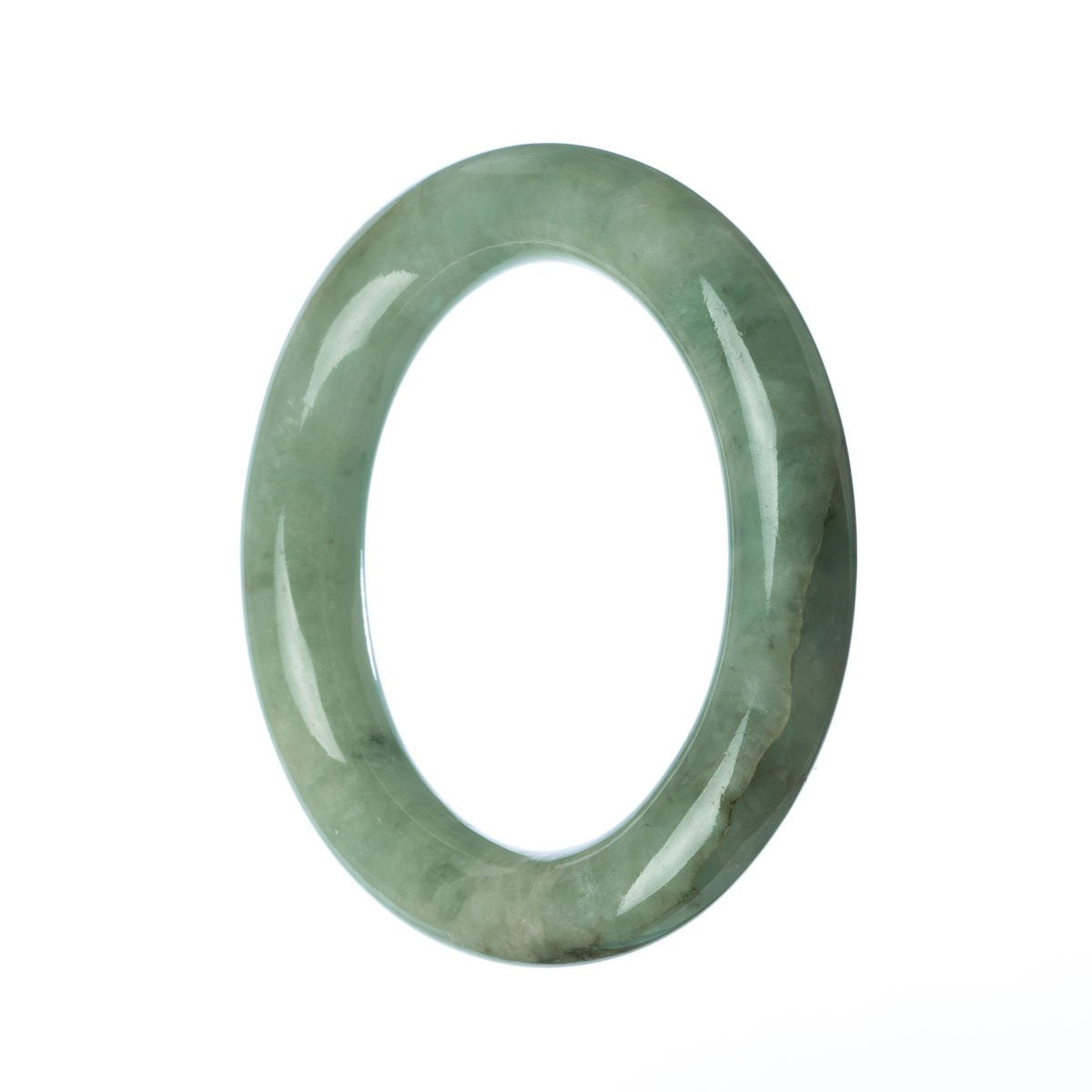 A round, untreated green jadeite bangle, measuring 58mm. A beautiful and authentic piece from Mays Gems.