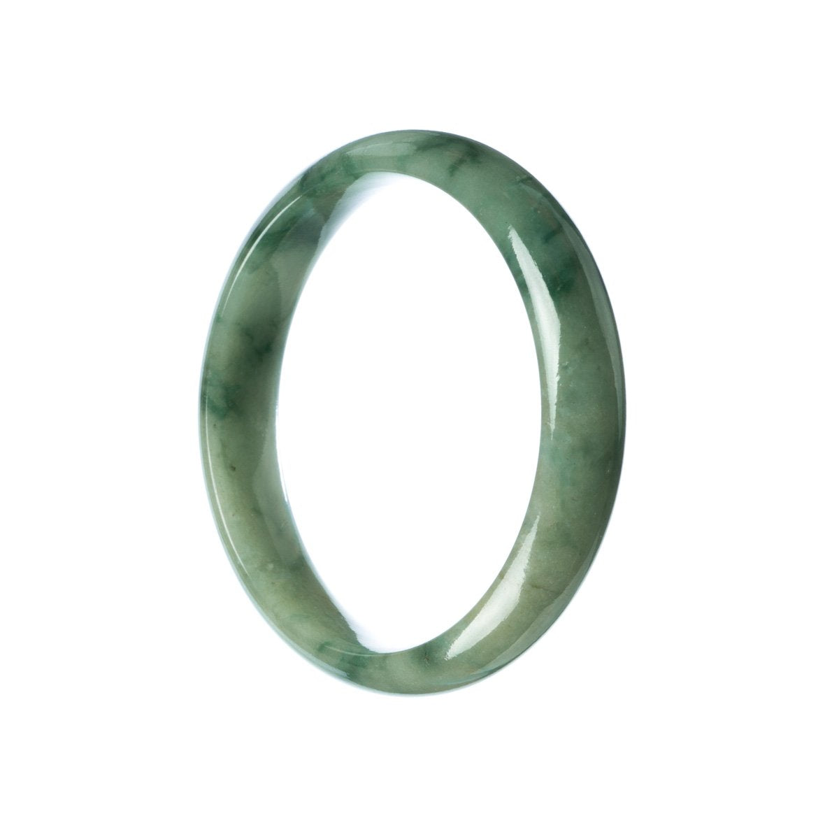 A close-up photo of a real untreated green Burma Jade bracelet with a 59mm half moon design. The bracelet is made of natural jade stones in varying shades of green, showcasing their unique patterns and textures. It is a beautiful piece of jewelry from MAYS GEMS.