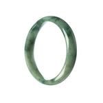 A close-up photo of a real untreated green Burma Jade bracelet with a 59mm half moon design. The bracelet is made of natural jade stones in varying shades of green, showcasing their unique patterns and textures. It is a beautiful piece of jewelry from MAYS GEMS.