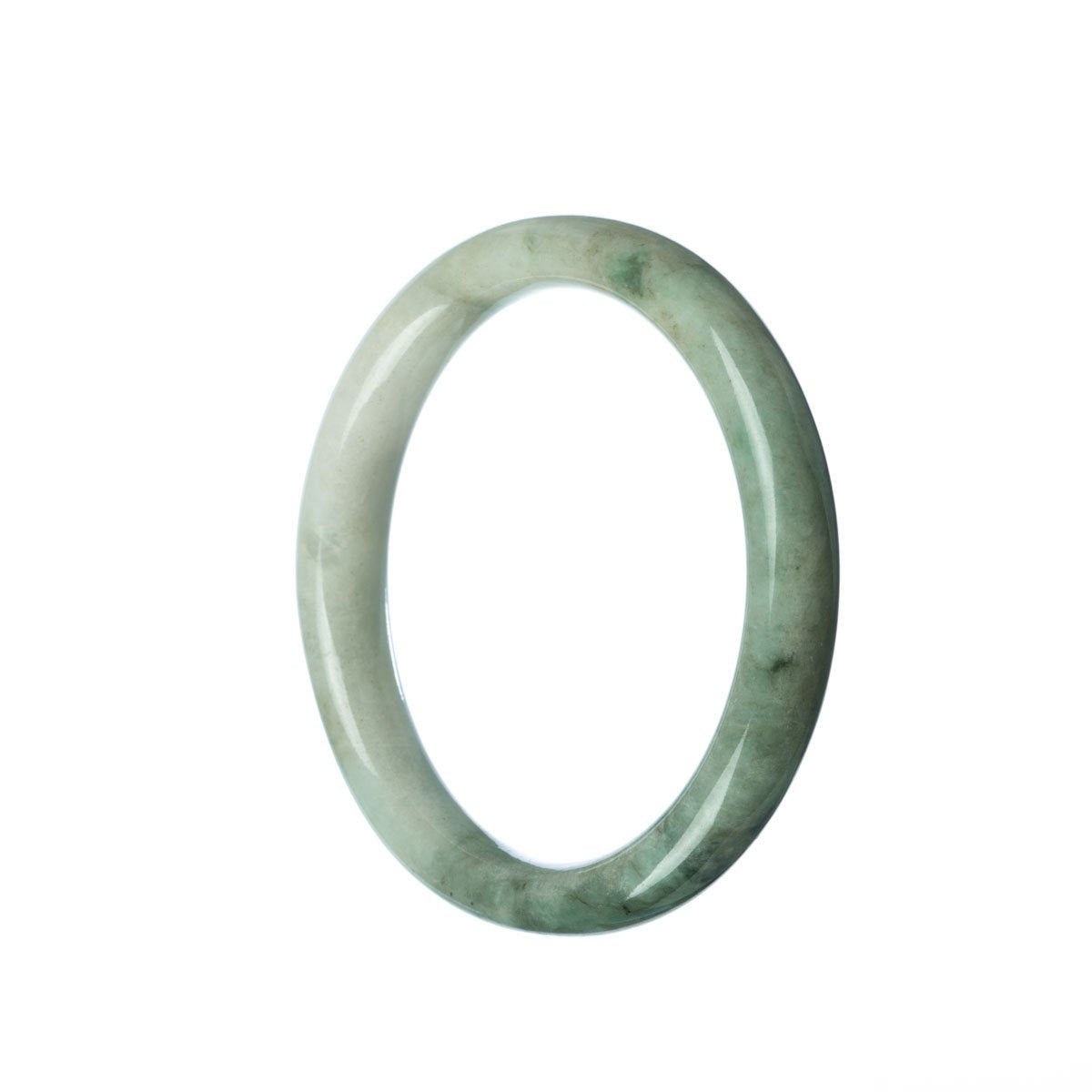 An image of an authentic Grade A White Green Burmese Jade Bangle. The bangle is 56mm in size and has a semi-round shape. This beautiful piece of jewelry is offered by MAYS GEMS.