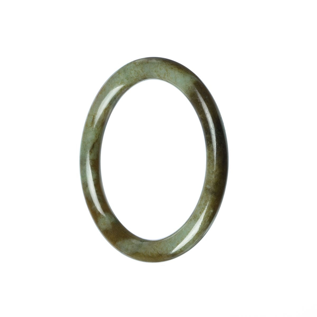 A close-up image of a petite round green traditional jade bracelet, measuring 54mm in size. The bracelet is made of certified Grade A jade and is adorned with intricate patterns.