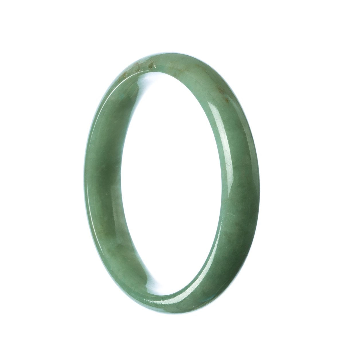 A close-up image of a stunning green jade bangle bracelet, showcasing its intricate half moon pattern.