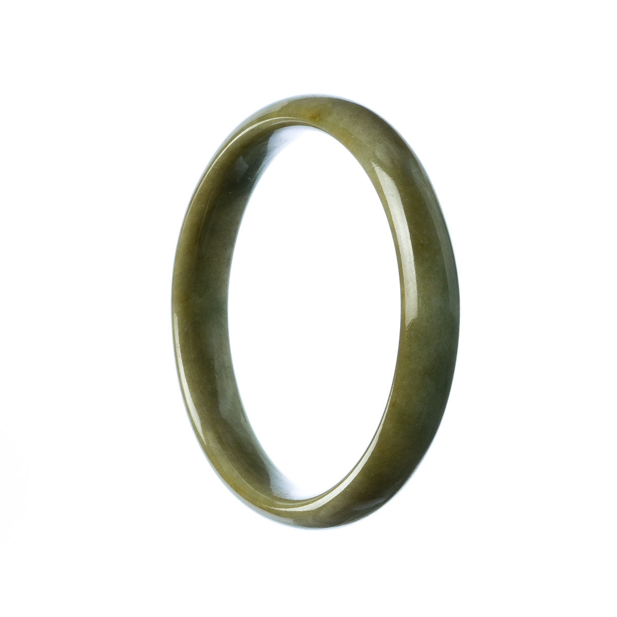 A close-up photo of a beautiful, half-moon shaped jade bangle bracelet in shades of green and brown. The bracelet is made of genuine natural Burma jade and measures 55mm in size. It is a stunning piece of jewelry that adds elegance to any outfit.