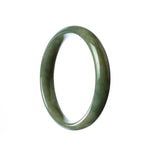 A close-up view of a bracelet made of green and brown jadeite. The bracelet is in the shape of a half moon and measures 55mm in diameter. The jadeite appears to be of high quality and has a smooth, polished surface. The colors of the jadeite range from vibrant shades of green to earthy tones of brown. This bracelet exudes an aura of elegance and authenticity, making it a perfect accessory for any occasion.
