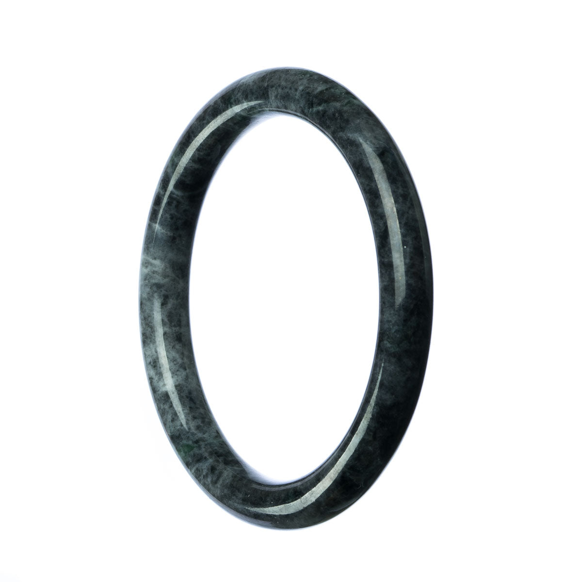 A close-up photo of a round, untreated grey jadeite bracelet with a 58mm diameter. The bracelet features a smooth, polished surface, showcasing the natural beauty of the grey jadeite stone. The bracelet is designed by MAYS.