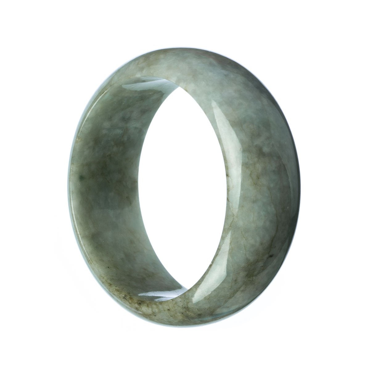 A close-up photo of a flat, grey Burma jade bracelet, measuring 62mm in size. The jade appears to be of high quality, with a smooth surface and subtle natural patterns. The bracelet is expertly crafted and exudes an elegant and timeless appeal.