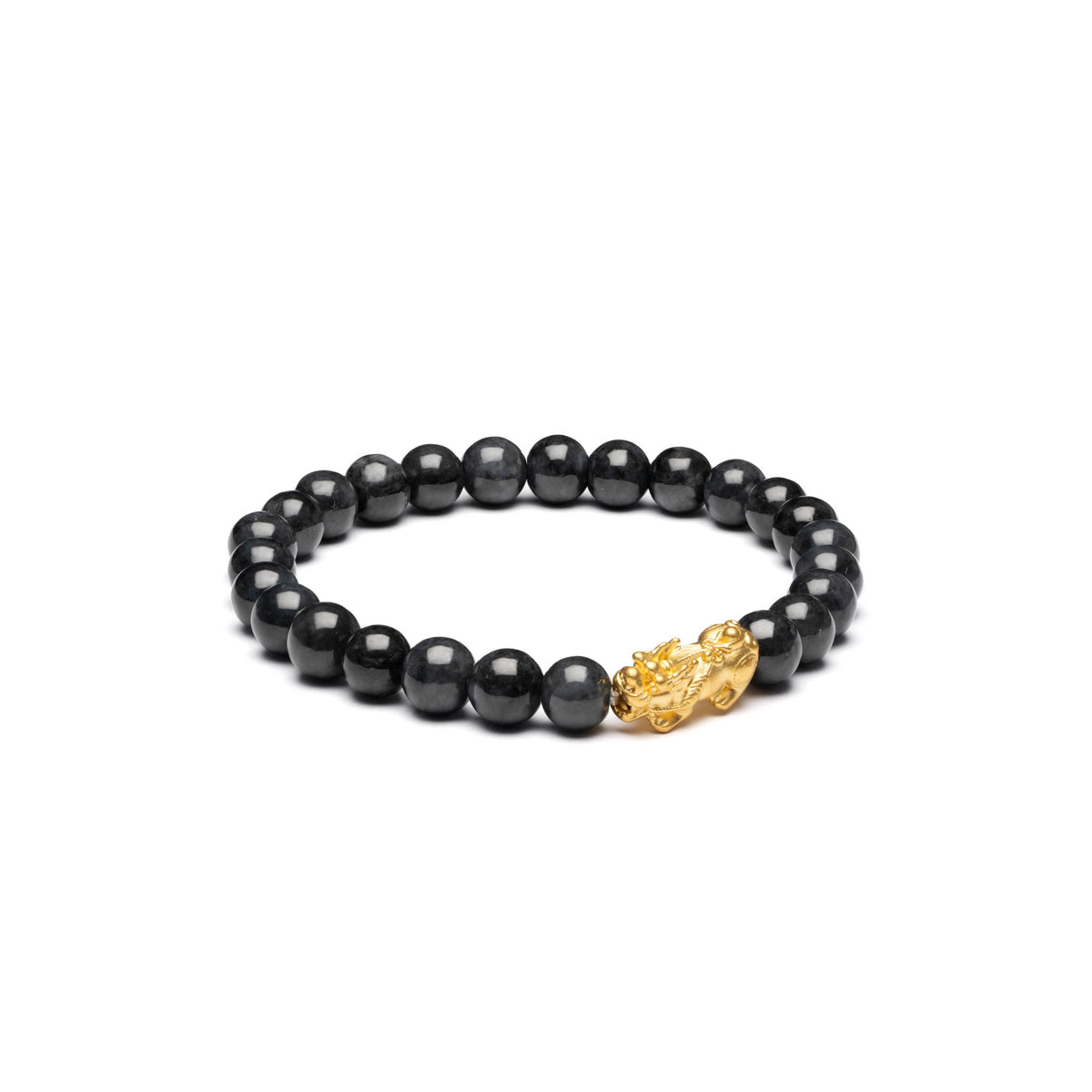 24K Gold Pixiu Jade Bracelet - 7mm Grey and Black Burmese Jadeite Beads