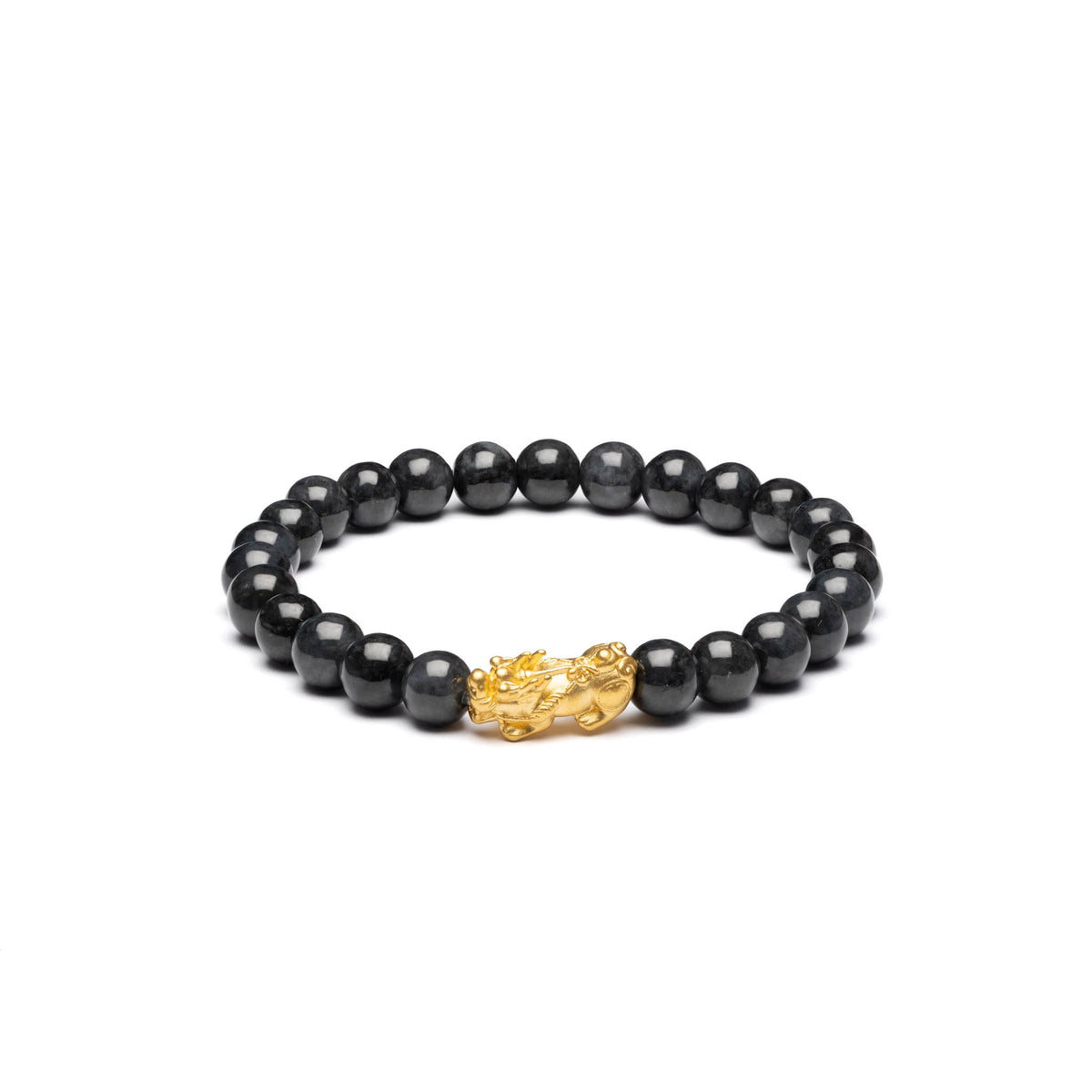 24K Gold Pixiu Jade Bracelet - 7mm Grey and Black Burmese Jadeite Beads