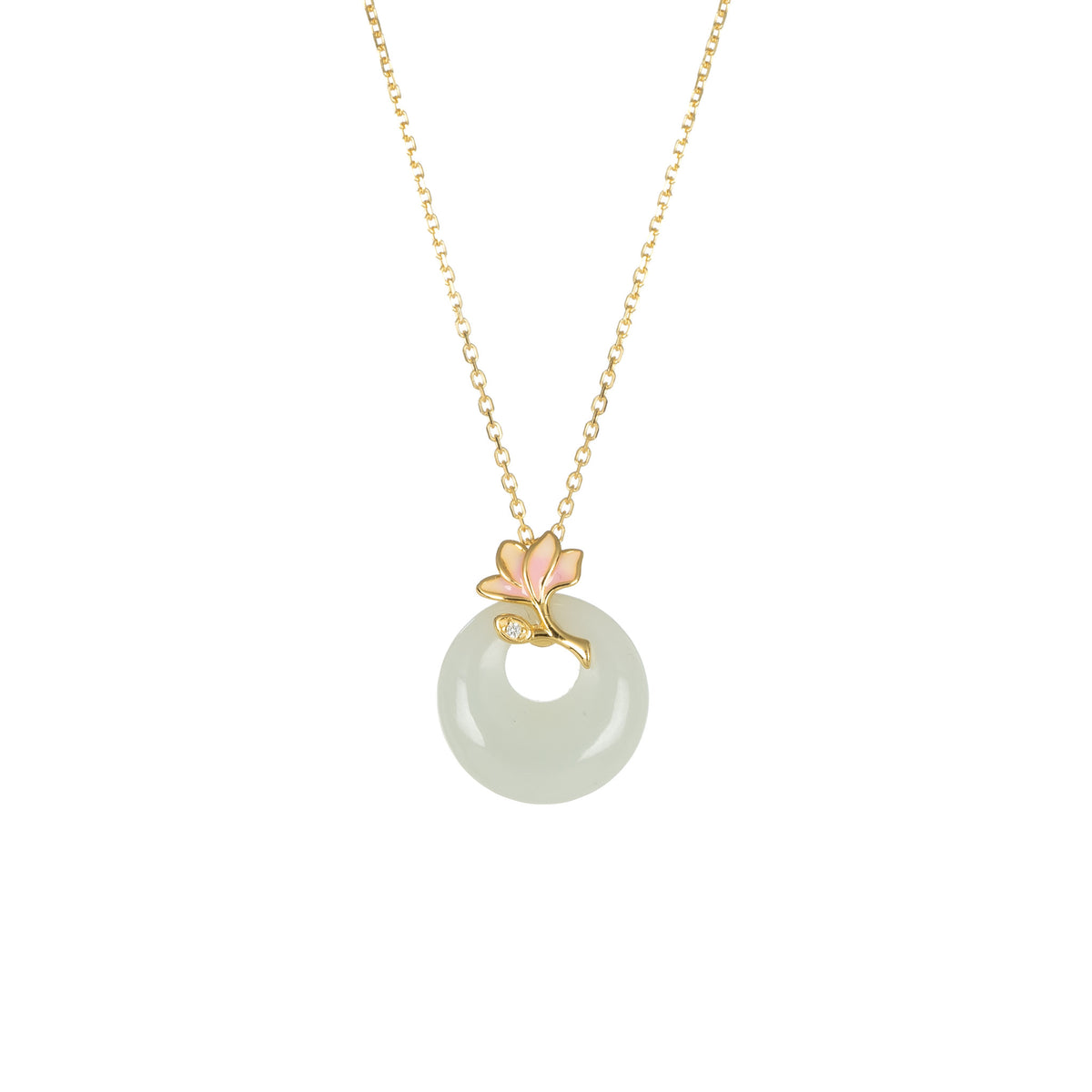 White Donut Like Nephrite Jade Pendant with Magnolia Flower