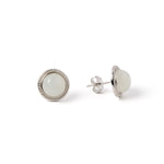 Aurora – White Jade Round Stud Earrings in Sterling Silver with Milgrain Edge
