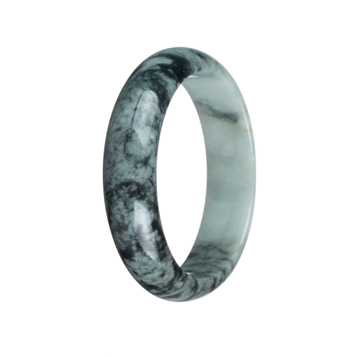 Certified Grade A Pale Green with Dark Green Pattern Jade Bangle Bracelet - 54mm Half Moon