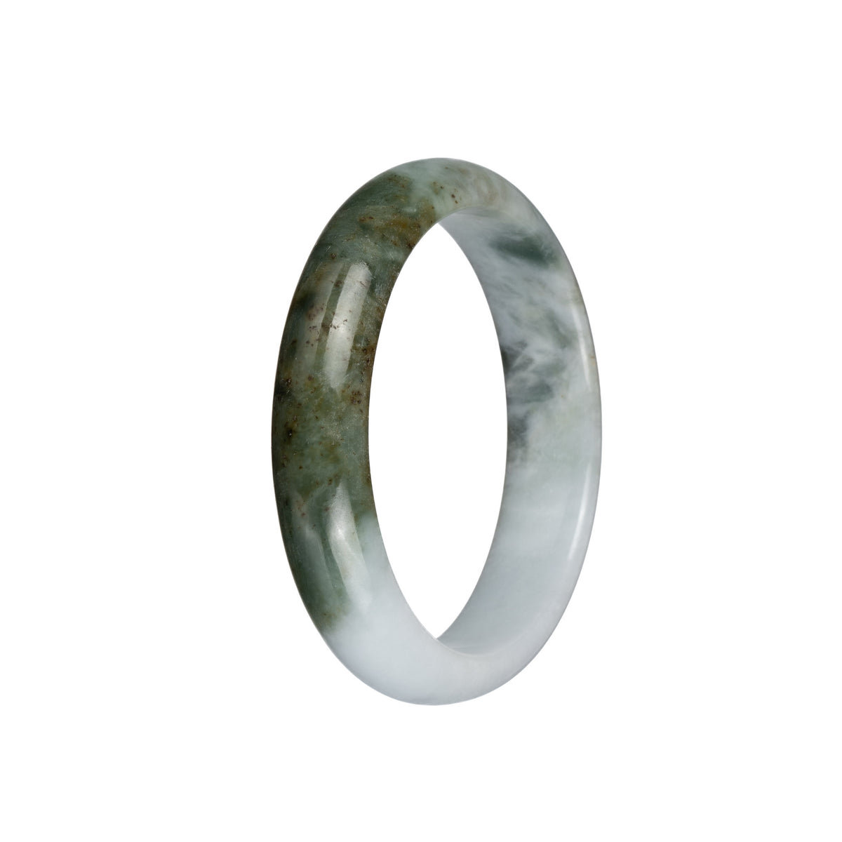 Genuine Untreated White and Olive Green with Brown Specks Traditional Jade Bangle - 58mm Half Moon