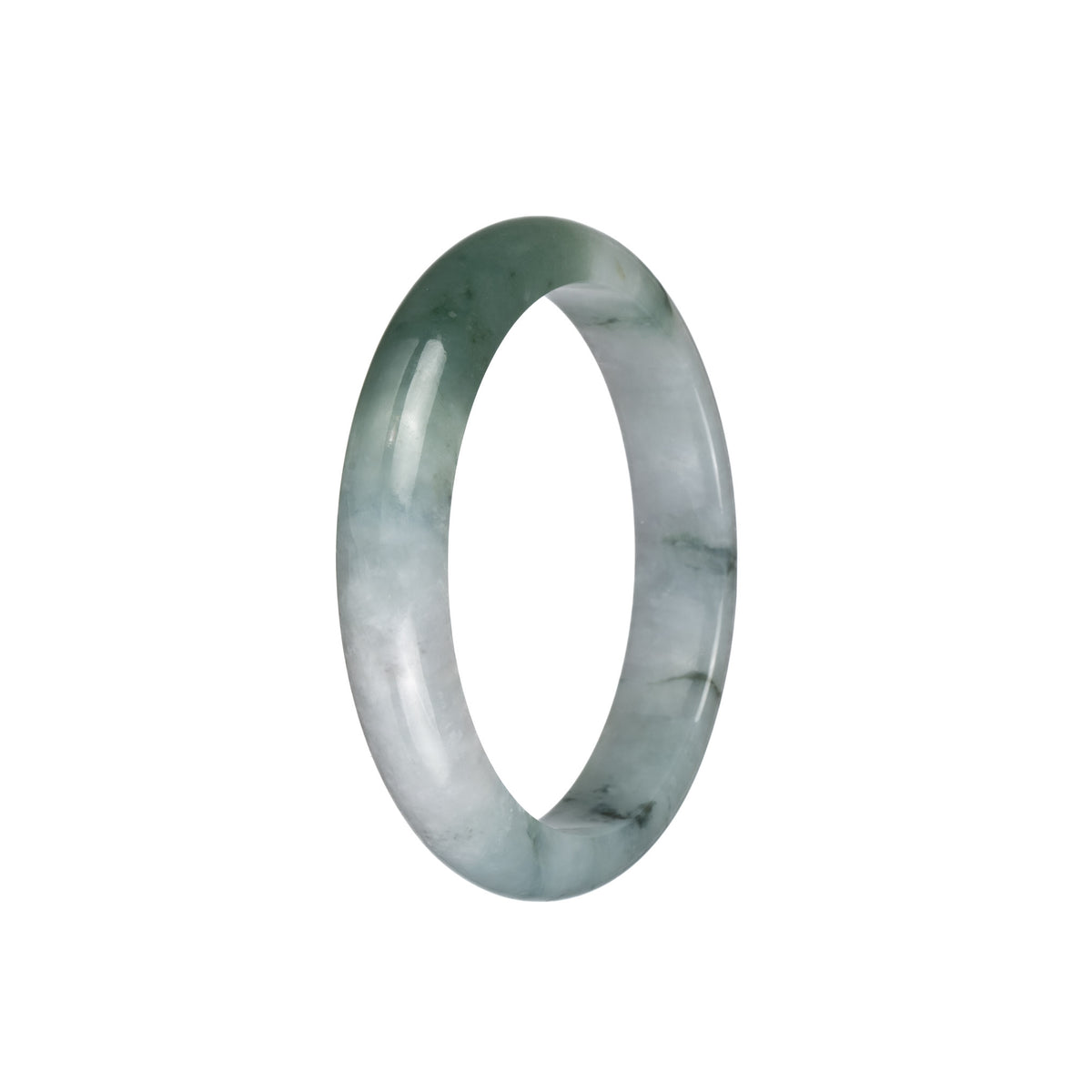 Genuine Grade A Translucent Pale Green with Green Patch and Dark Green Specks Burmese Jade Bangle Bracelet - 55mm Half Moon